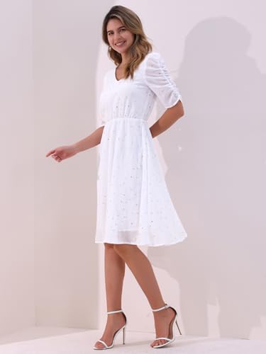 Image of Allegra K Chiffon Dress for Women's Metallic Stars Ruched Sleeve V Neck A-line Dress