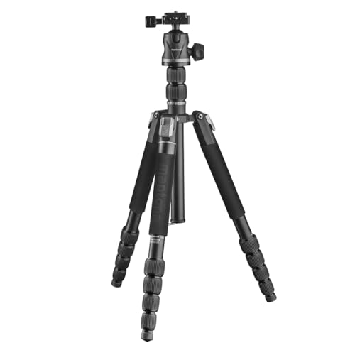 Mantona DSLM Travel Evolution 224 - Treppiede da viaggio leggero con equipaggiamento completo, testa a sfera panoramica a 360°, compatibile con Arca-Swiss, in alluminio, chiusura Fliplock DSLM Travel