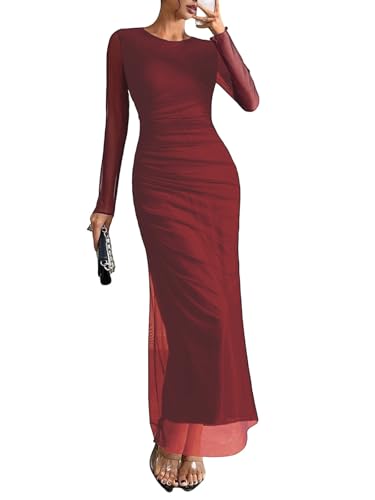 Image of Womens Long Sleeve Maxi Dress Mesh Bodycon Spring Fall Formal Wedding Guest | Tie Dye Ruched Night Out Cocktail Party Long Dresses