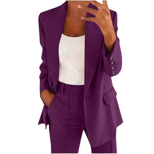 HEONSATI Abito Taglie Forti Donna Abito Ufficio Aperto Davanti Colletto Eleganti Set Due Pezzi Manica Lunga Matrimonio Tuta da Lavoro Blazer E Pantalone Tailleur da Cocktail Business per Sera Party
