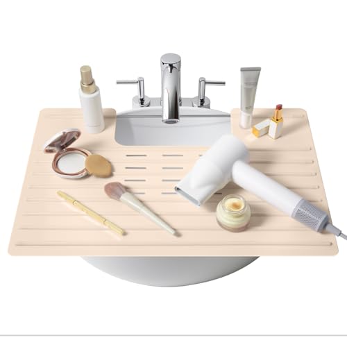 Maplefield Bathroom Sink Cover for Counter Space Heat Resistant Silicone Sink Mat for Your Beauty Routine Small Bathroom Space Saver Sink Cover for Makeup (Beige Large 22 x 15 x 2 Inches)
