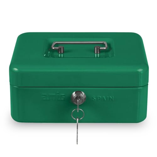 Amig - Caja de caudales - Caja de seguridad para dinero, billetes y monedas - Con bandeja portamonedas y 2 llaves - Color Verde - Acero - 200 x 160 x 70 mm