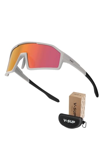 V-SUP UV400 Mens Sunglasses for Baseball, Cycling, Golf, Fishing, Pickleball, Running, Hiking, Sport Glasses for Outdoor Use, MTB–Safety Sunglasses for Men & Women (Gray Frame & Pink Gold Revo Lens)