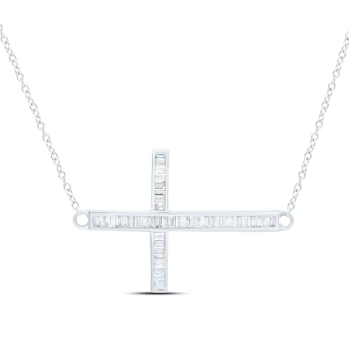 10K White Gold, Yellow Gold 1/4 CTW Baguette Womens Diamond Sideway Cross Necklace 18 inch