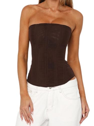 Betrodi Womens Strapless Mesh Corset Off Shoulder Tube Boned Bodyshaper Tops Y2k Going Out Zipper Overbust Bustier Tops Clubwear (Sexy Dark Brown S)