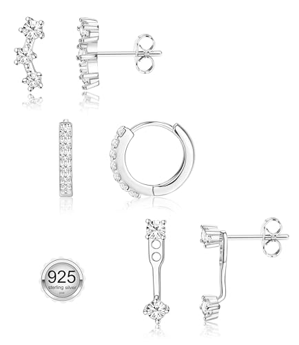 FIASASO 3 Pairs 925 Sterling Silver Hypoallergenic Earrings Set for Multiple Piercing Dainty 14K Gold Plated Stud Huggie Small Hoop Earrings for Women Trendy Cute Earring Stacks for Sensitive Ears