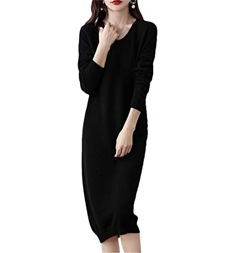 Robe tricotée en laine pour femmes col en V manches longues vêtement hiver noir