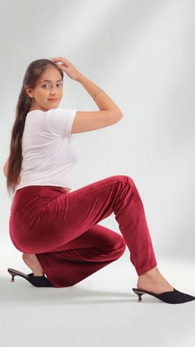 Image of Pink Shell Women's High Waist Bell Bottom Pants in Velvet