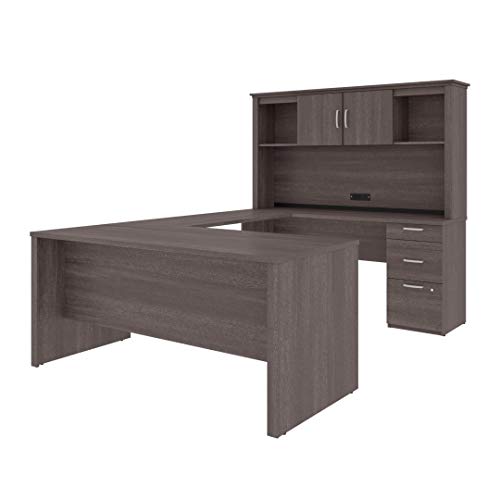 Bestar Universel 66W U or L-Shaped Desk with Hutch in bark Grey
