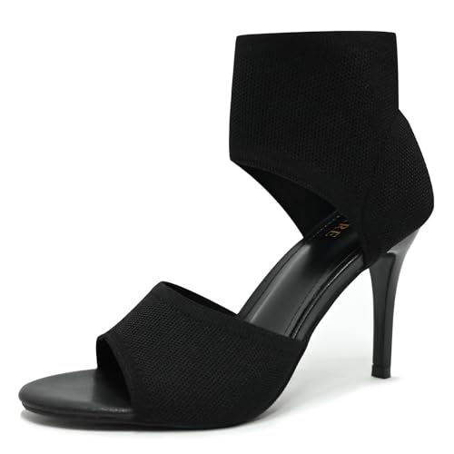 Peep Toe Heels for Women Sexy 3 Inches Stiletto Heeled Sandals for Women Open Toe Wide Stretchy Knit Heel Sandal Booties Slip On Comfortable Dressy Shoes for Prom, Party and Work