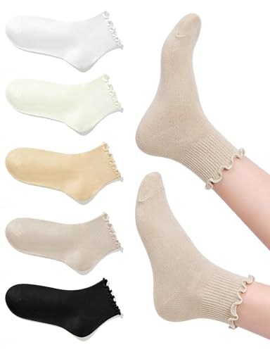 MELLIEX 5 Paires Chaussettes à Volant de Coton Femme Chaussettes en Dentelle Socquettes à Volant Respirantes pour Femmes Filles