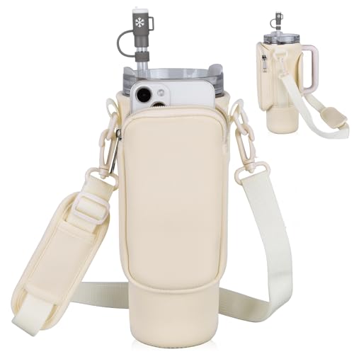 Image of Water Bottle Carrier Bag with Phone Pocket for Stanley 40 /30 oz Tumbler Neoprene Water Bottle Holder Pouch with Adjustable Strap Bollus with Straw Cover & Carabiner for Stanley Cup Accessories.