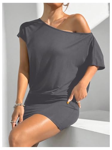 Image of SOLY HUX Women's Off The Shoulder Mini Dress Going Out Asymmetrical Neck Short Sleeve Casual Bodycon T Shirt Dresses