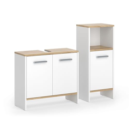 Vicco Badezimmermöbel-Set Karli, Weiß/Goldkraft Eiche, 63.8 cm, besteht aus Waschbeckenunterschrank und Midischrank