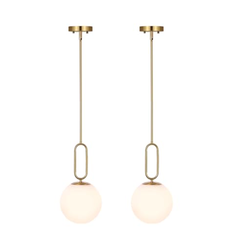 Modern Gold Globe Pendant Light White Globe Glass Shade 2 Pack Brushed Brass Finished Adjustable Rods Hanging Light Fixtures for Kitchen Island Living Room