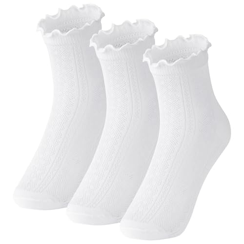 3 Pack White Ruffle Socks, Cotton Sock Breathable Mesh Socks for Girls Toddler Dress