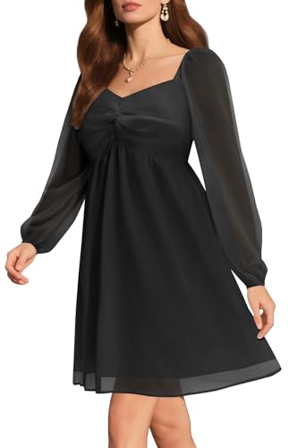 Image of Women Black Graduation Dresses Long Puff Sleeve Sweetheart Neckline Chiffon Aline Short Dress