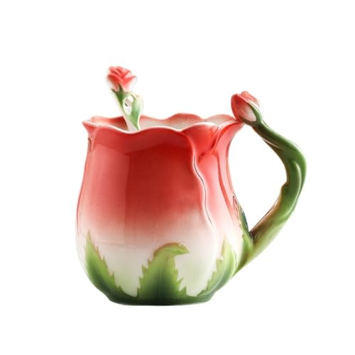Cerámica Underglaze Color Light Lujo 3D Rose Taza Colgante Oreja De Café Esmalte Casa Oficina Pareja Té Agua (Rojo,320ML)