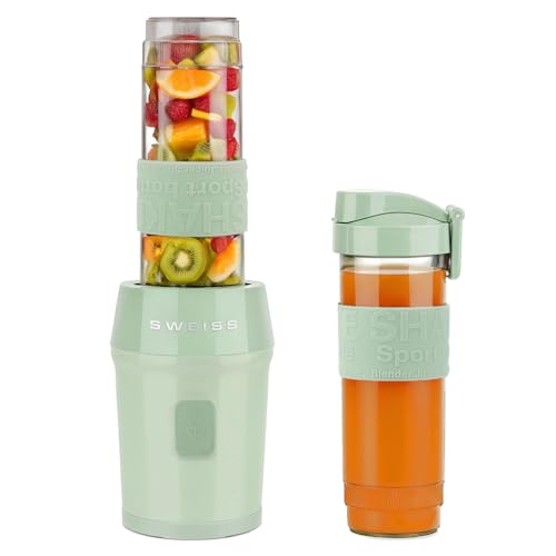 SWEISS Mini Blender, Mixeur Portable, Smoothie MOOV7, 2 Gourdes de 570 ml avec Couvercles de Voyage, 4 Lames Inox, 300W, Compatible Lave-Vaisselle, Vert