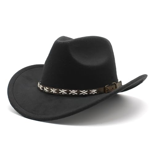 Ausune Western Style Cowboy Hat for Men's and Woman Wide Brimmed， Classic Denim Hat with Buckle and Felt Fedora Hat (Black)