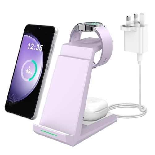 Wireless Charging Station for Samsung - NANAMI 3 in 1 Wireless Charger for S26 S25 Ultra S24 S23 S22 Z Fold Flip 5/4, Induction Charging Stand for Galaxy Buds/Galaxy Watch 7/6[Only for Samsung Watch]