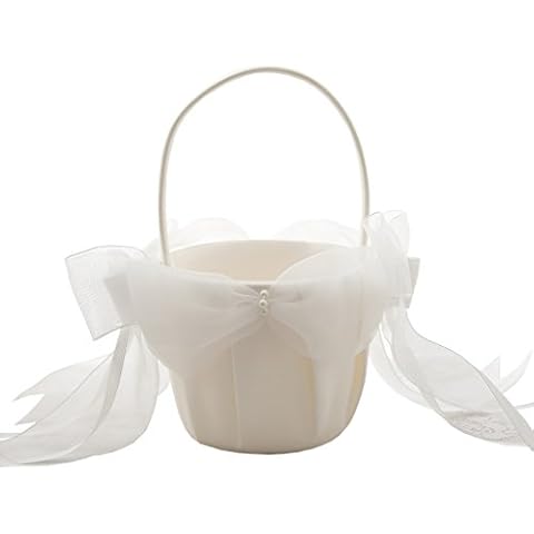 Hoseirty Ivory Wedding Flower Girl Basket and Ring Bearer Pillow Set Simple Bow Pearl Collection Cover