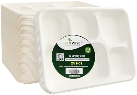 Best House EcoWise 100% Compostable and Biodegradable 5 Compartment Dinner Plates, 5CP Food Tray, Eco-Friendly Disposable Sugarcane Paper Trays (Pack of 25 PCS)