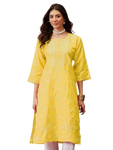 Ada Indian Hand Embroidered Chikankari Cotton Kurta Kurti Tunic for Women S208470 Yellow