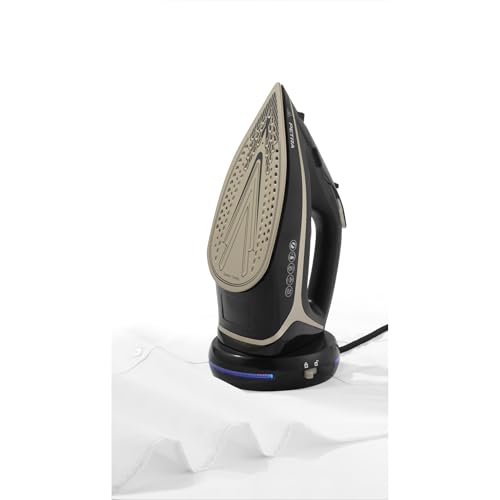 Elimine las arrugas más difíciles sin esfuerzo con la plancha de vapor 2 en 1 Petra; con una base de carga de 360°. Utilice esta plancha con o sin cable.