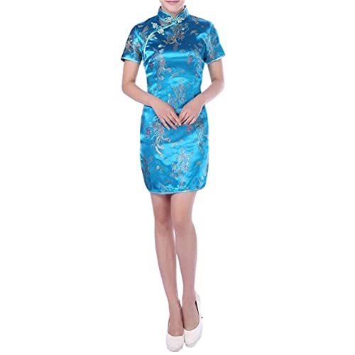 Black Sugar Robe Qipao Courte à Petites Manches et Motif Dragon Brocart Cheongsam Tunique (Bleu,...
