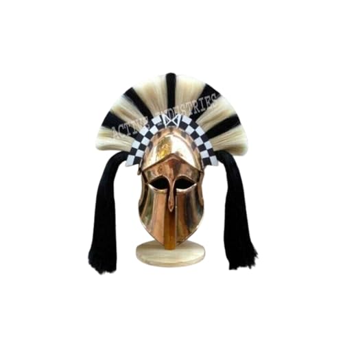 Greek Corinthian Plume Helmet | Medieval Hoplite Warrior Armor for Adults | Brass/Steel Spartan-Style Helmet with Horsehair Crest & Wooden Display Stand for Costume, LARP & Collectibles