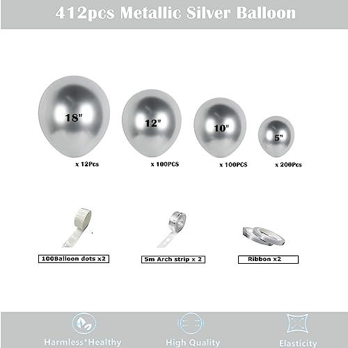 Image of 412pcs Metallic Silver Balloon Garland Arch Kit 18 12 10 5 Inch Different Sizes Latex Chrome Balloons for Baby Shower Birthday Graduation Wedding Anniversary Celebration Party Decoration