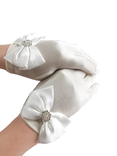 Leimandy Short Satin Gloves Wrist Length Ivory Gloves Flower Girl Tea Party Gloves for Girls Bow First Communion Gloves J2