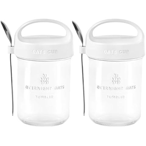 Povinmos 2Pack Overnight Oats Containers with Lids and Handle,14 oz Airtight Oatmeal Container,Mason Jars with Lid for Cereal,Milk,Fruit,Yogurt,On The Go Container,Salad Jars,Glass Jars (White) Cover