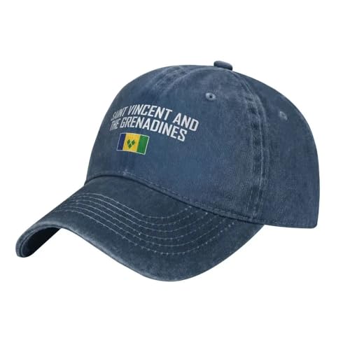 JSCWDET Men Women Saint Vincent and The Grenadines Flag and Fontwashed Cotton Baseball Cap – Unisex Navy Blue Adjustable Hat | Dad Hat for Men & Women | 100% Cotton Caps Classic Low Profile