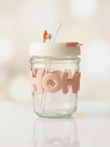 Image of Kavora Glass Water Tumbler with Straw and Lid Sealed Carry On Thick Wall Iced Coffee Cup Glass Sipper Cup for Water, Iced Tea Fruit Juice Set of 1, 400ml (Clear) (Pink)