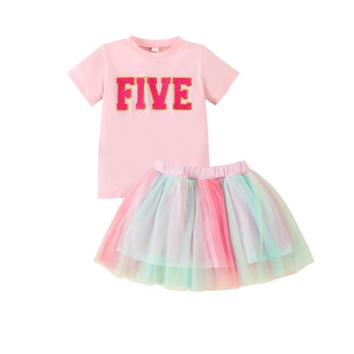 Toddler Kids Baby Girls Birthday Outfit Two/Three/Four/Five/Six T-shirt Rainbow Mesh Tulle Tutu Skirts
