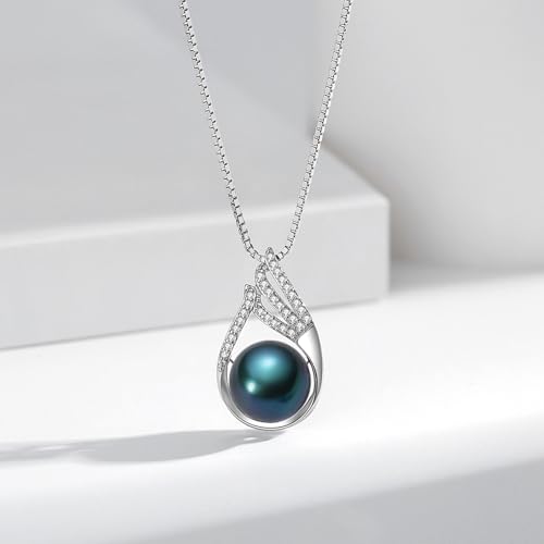 Black/White/Gold/Grey Pearl Necklace for Women, Sterling Silver Pendant Necklace, Handpicked Genuine Saltwater Cultured Pearls, Womens Chain 18+2 Inch Adjustable, Jewelry Gifts for Mother Wife3