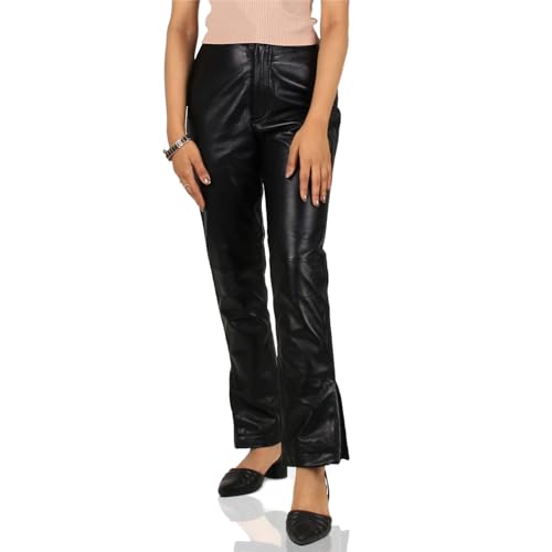 Women's Genuine Lambskin Zip-Slit Leather Pants (Black, Leather Jeans) - 24240053