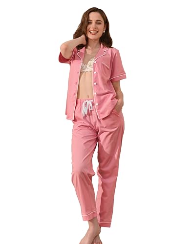 Image of NAP BOUND 100% Cotton Women's Pajama Sets Short Sleeve Button Down Soft Pjs 2 Piece Lounge Set with Pocket Nightwear XS-XXL