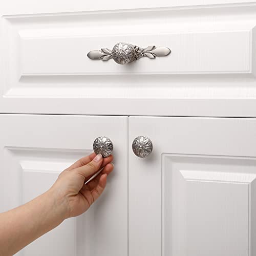 Ycsj 10 Pack Cabinet Hardware Brushed Nickel Knobs & Plates For Cabinets And Drawers,1-1/4’’ Dia Flower Brushed Satin Nickel Kitchen Cabinet Knobs And 5-4/5”Length Nickel Plates For Dresser Drawers #TOP3