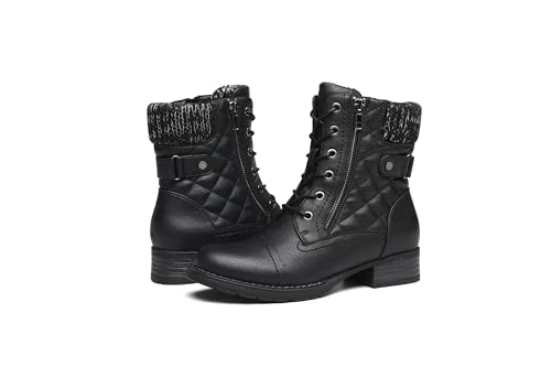 DECARSDZ Women's Fashion Black Ankle Boots Combat Motorcycle Lace Up Booties