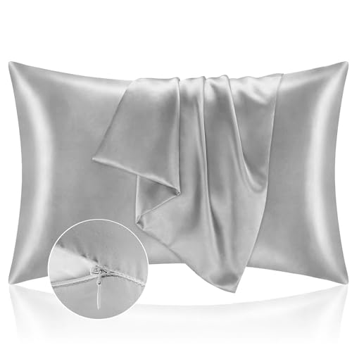 Funda de Almohada 40x70 Satén, Protector Almohada Saten para Proteger Piel y Cabello - Súper Suave e Hipoalergénica - Juego de 2 Fundas Almohada con Cremallera Plateado