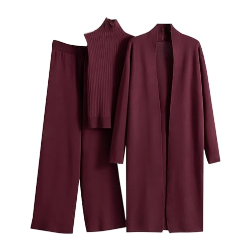 Women's 3 Piece Knit Lounge Set, Long Sleeve Cardigan Sleeveless Turtleneck Tank Top and Wide Leg (1-Red, One Size)