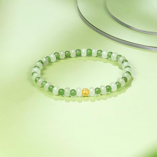24K Solid Gold White Jade Bead Bracelet, Pure Gold Elastic Hetian Jade Bracelet, Stretchable Real Gold White Jade Bead Bracelet for Women Girlfriend3