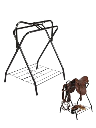 Garvee Foldable Saddle Rack with Storage Shelf for Horse Stable Equipment Portable Folding Horse Saddle Stand for English & Western Saddles Freestanding Saddle Pad Rack for Horse Tack/Blanket Black