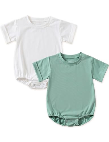 Image of Jimonda Baby Bubble Romper Boy Girl Solid Color T-Shirt Outfits Short Sleeve Bodysuit Organic Cotton 2Pcs