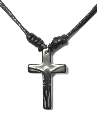 Hematite Cool Crucifix Shadow Cross Pendant Black Cord Adjustable Sliding Knot Necklace 16-30
