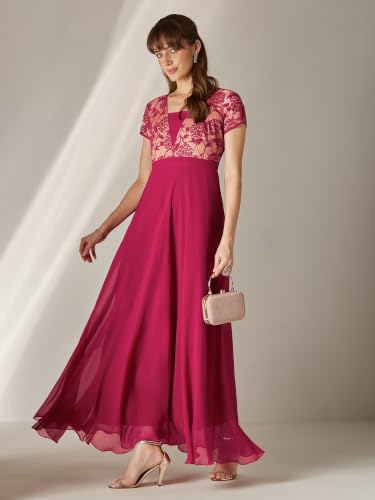 Image of Miss Chase Women's V-Neck Full Sleeve Self Design Lace-Overlaid Georgette Maxi Dress