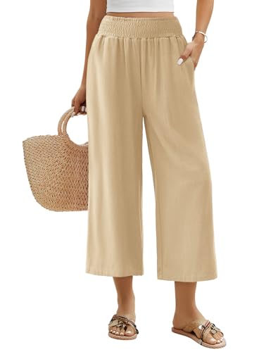 Niwicee Leinenhose Damen Sommer 3/4 Culotte Leichte Weite Leinenhose Sommerhose Elastische High Waist Loose Freizeithose...